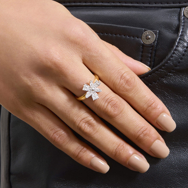 Image of 14K Yellow Gold Diamond Magnolia Ring on Models Hand