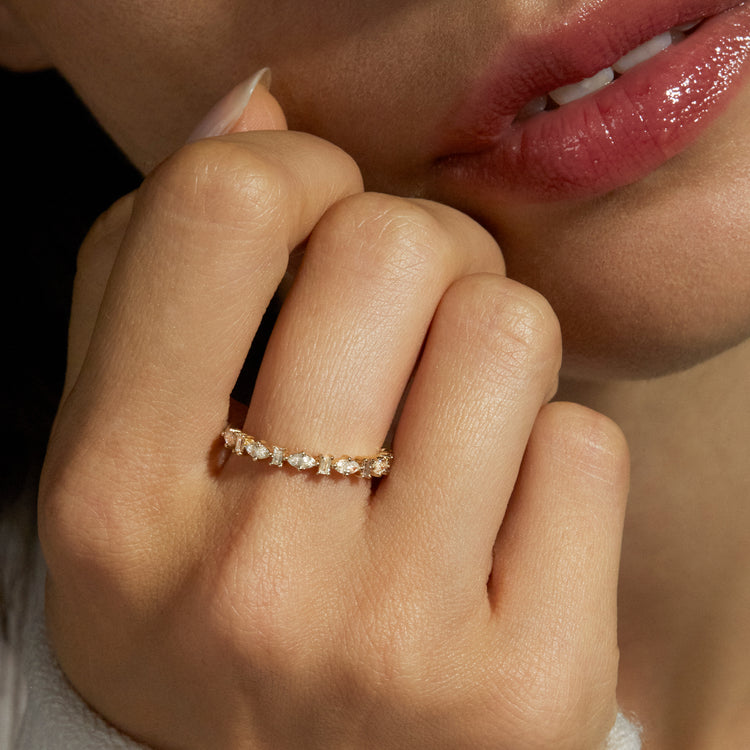 Image of 10K Yellow Gold Diamond Marquise and Baguette Band on Models Hand