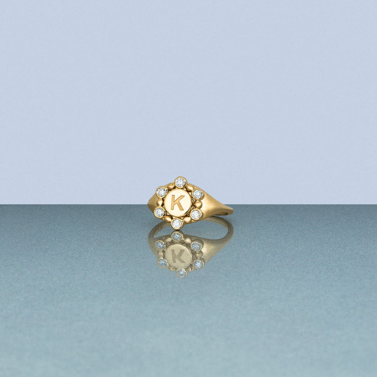 Stone and Strand 10K Yellow Gold Diamond Orbit Pinky Signet Ring Editorial Image