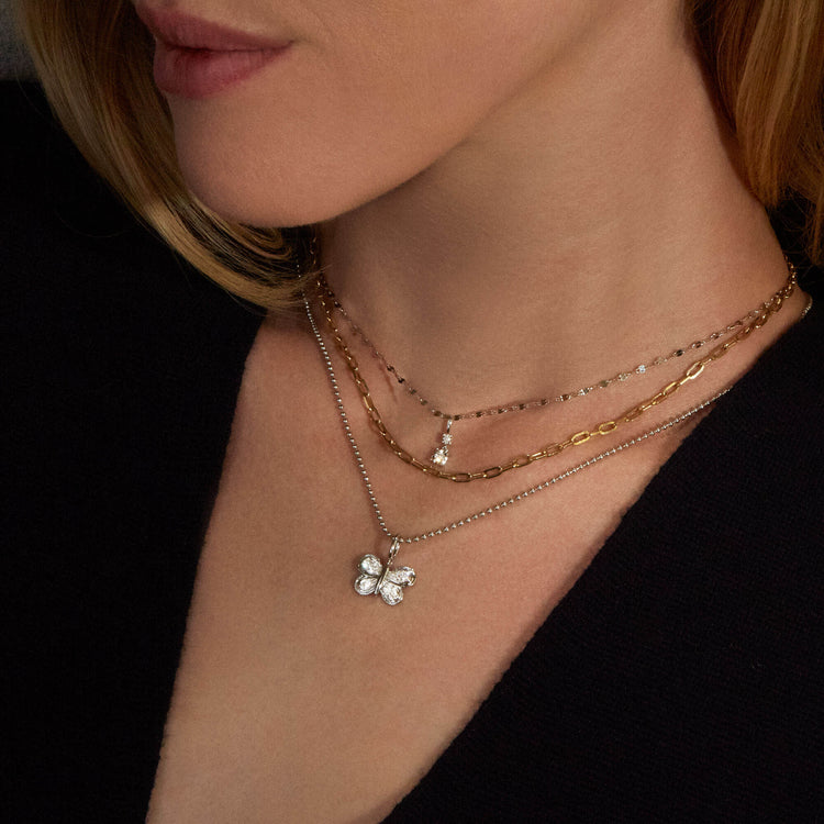 Image of 10K White Gold Diamond Puff Butterfly Charm with Stone and Strand Necklaces