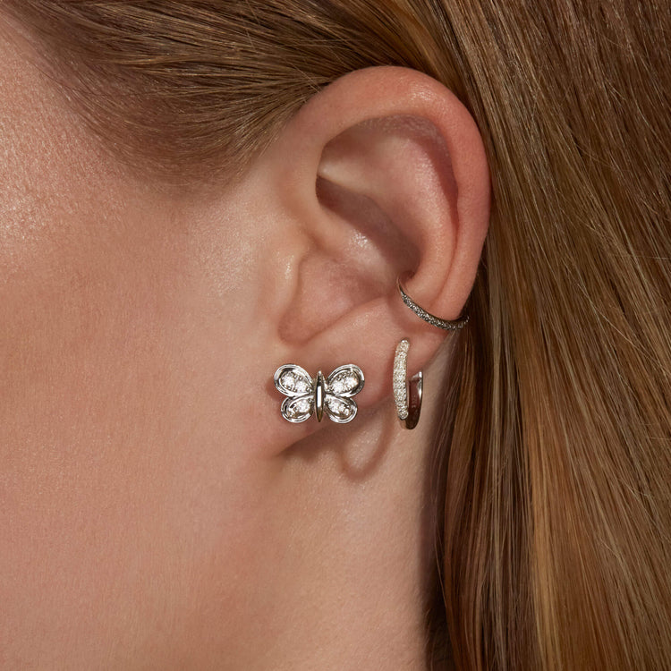 Image of 10K White Gold Diamond Puff Butterfly Studs with Stone and Strand Earrings