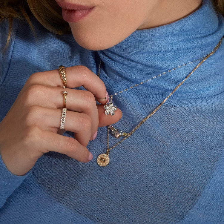 Image of 10K White Gold Diamond Puff Daisy Charm with Stone and Strand Necklaces