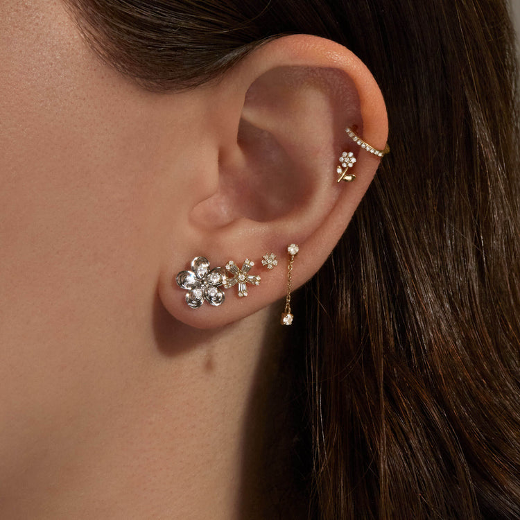 Image of 10K White Gold Diamond Puff Daisy Studs with Stone and Strand Earrings