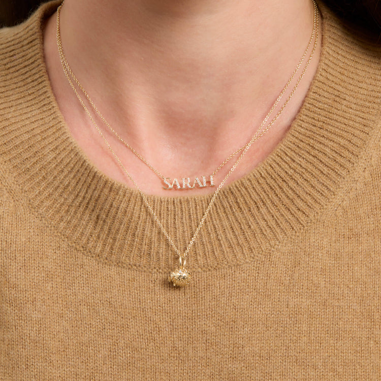 Image of 14K Yellow Gold Diamond Pufferfish Necklace with Stone and Strand Necklaces