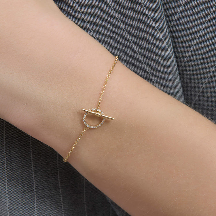 Image of 14K Yellow Gold Diamond Toggle Link Bracelet on Models Arm