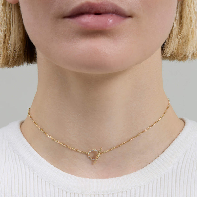 Image of 14K Yellow Gold Diamond Toggle Link Choker on Models Neck