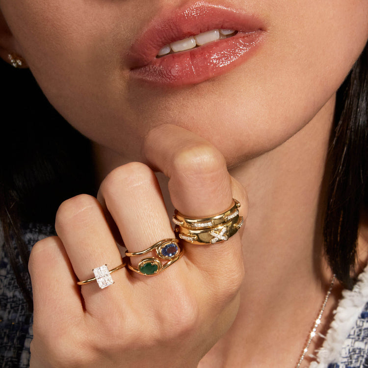 Image of 14K Yellow Gold Diamond Top Stitch Band with Stone and Strand Rings