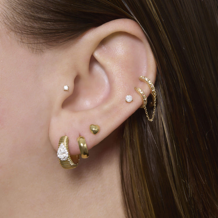 Image of 14K Yellow Gold Disco Pear Huggies with Stone and Strand Earrings