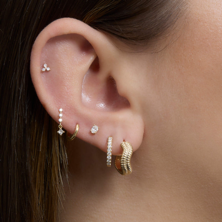 Image of 14K Yellow Gold Double Freddie Huggie with Stone and Strand Earrings