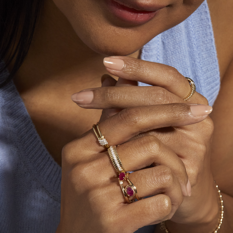 Image of 10K Yellow Gold Diamond Pirouette Band with Stone and Strand Rings