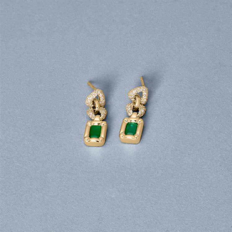 Stone and Strand 14K Yellow Gold Emerald Drop Earrings with Pave Editorial Image