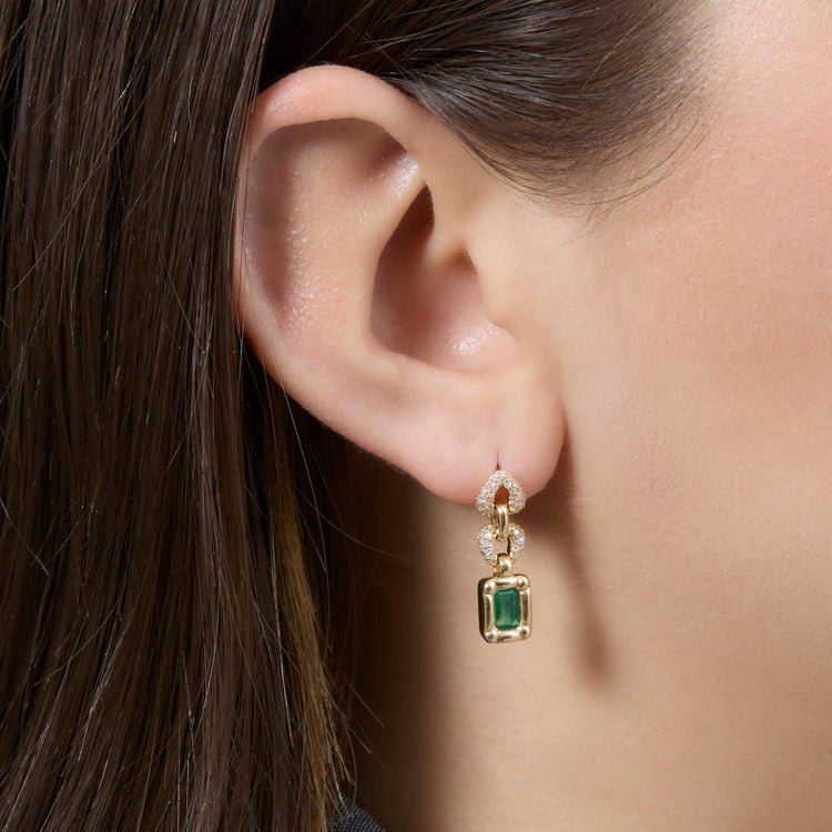 Image of 14K Yellow Gold Emerald Drop Earrings with Pave on Models Ear