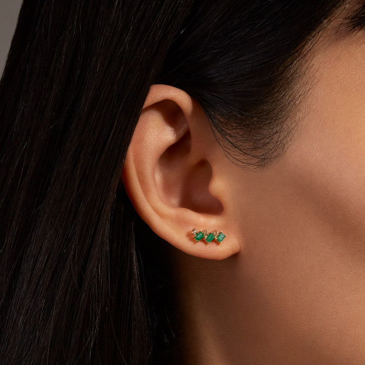 Image of 10K Yellow Gold Emerald Luxe Cluster Studs with White Sapphire on Models Ear