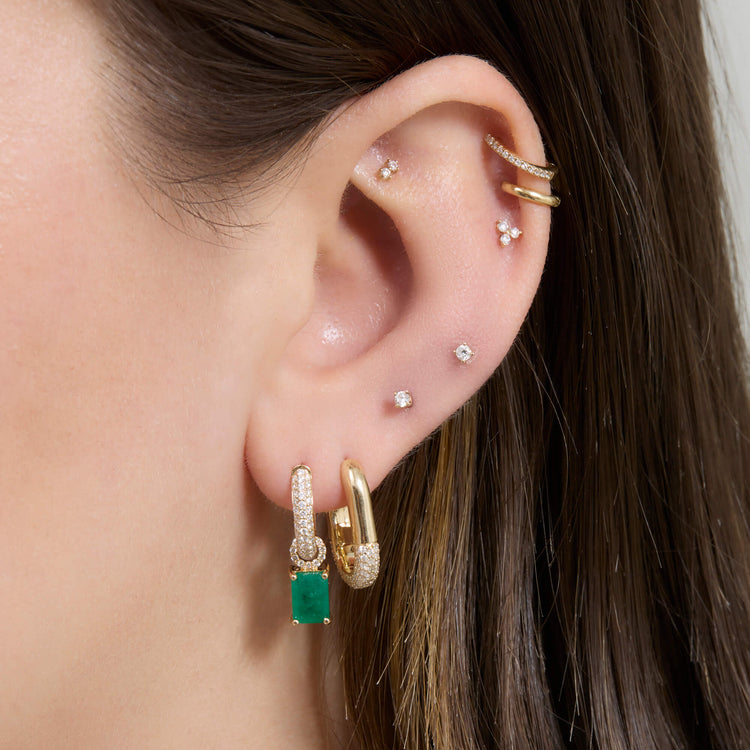 Image of 14K Yellow Gold Emerald Luxe Diamond Huggies with Stone and Strand Earrings