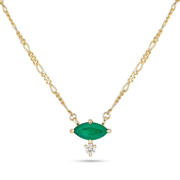 Stone and Strand 10K Yellow Gold Emerald Marquise Necklace with White Diamond Close Up Image