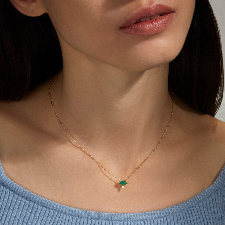 Image of 10K Yellow Gold Emerald Marquise Necklace with White Diamond on Models Neck