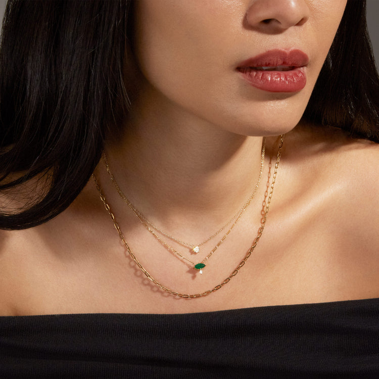 Image of 10K Yellow Gold Emerald Marquise Necklace with White Diamond with Stone and Strand Necklaces
