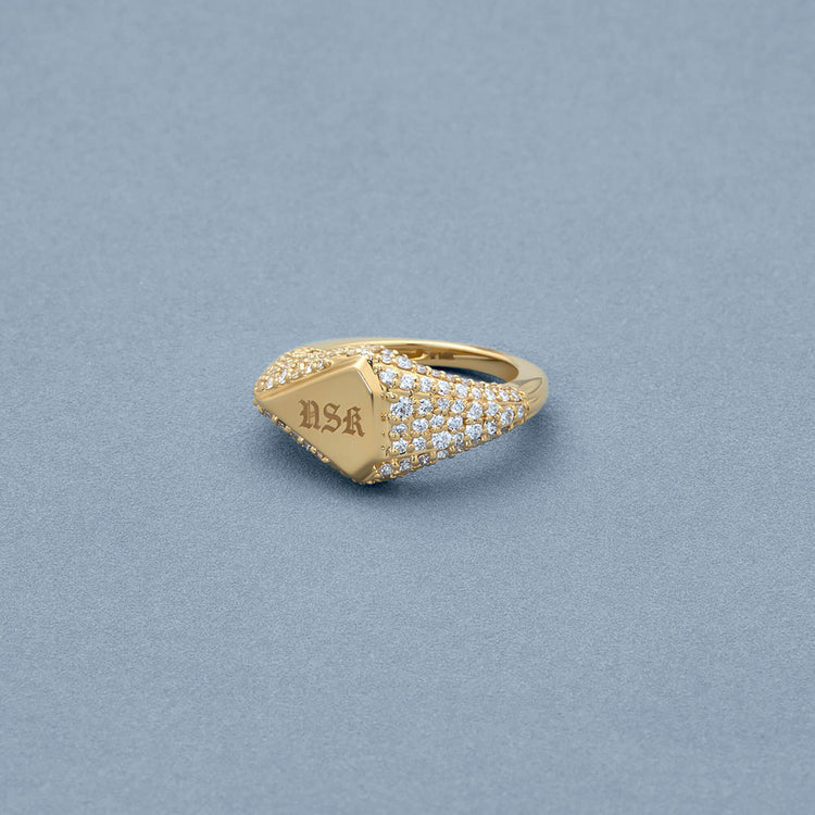 Stone and Strand 14K Yellow Gold Engraveable Pave Shield Signet Ring Editorial Image