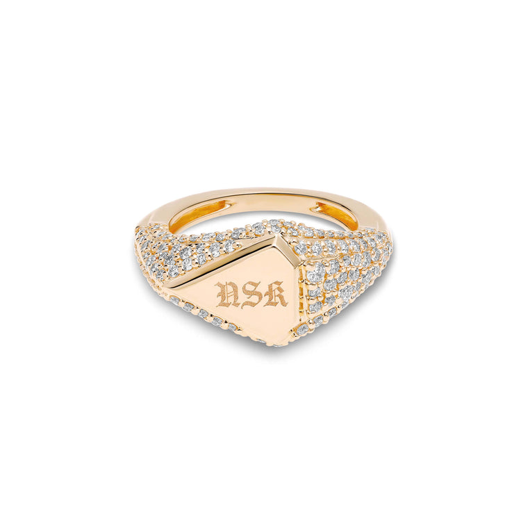 Stone and Strand 14K Yellow Gold Engraveable Pave Shield Signet Ring Front Image