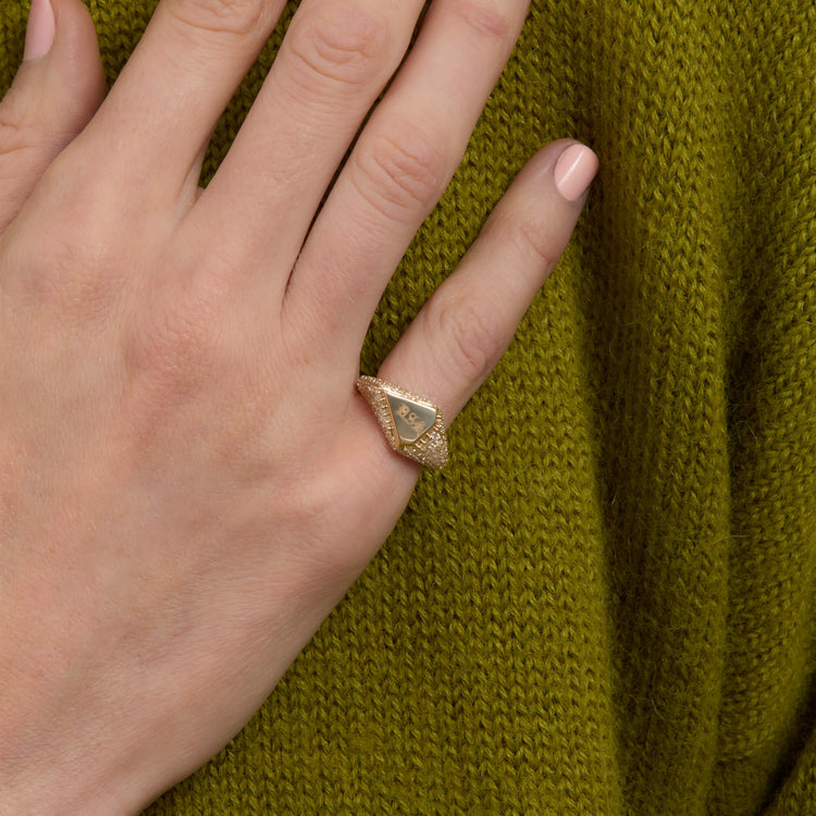 Image of 14K Yellow Gold Engraveable Pave Shield Signet Ring on Models Hand