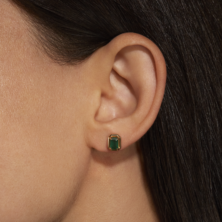 Image of 14K Yellow Gold Emerald Bonbon Studs on Models Ear