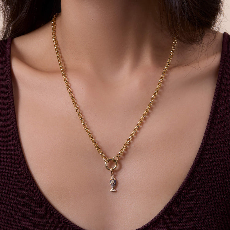Image of 14K Yellow Gold Fortune Fish Charm on Models Necklace