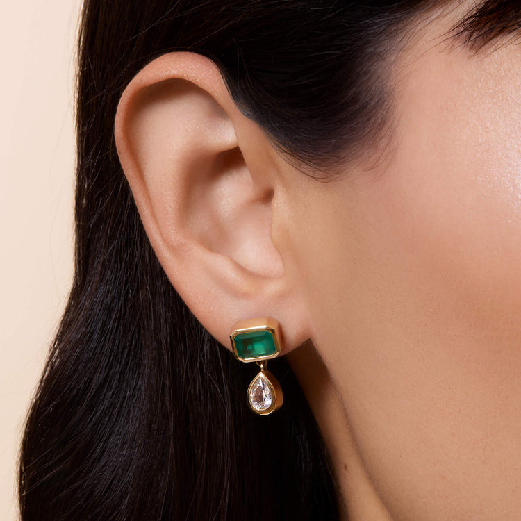Image of 14K Yellow Gold Full Volume Emerald Luxe Drop Earrings on Models Ear
