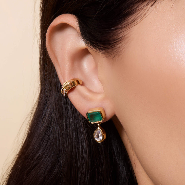 Image of 14K Yellow Gold Full Volume Emerald Luxe Drop Earrings with Stone and Strand Earrings