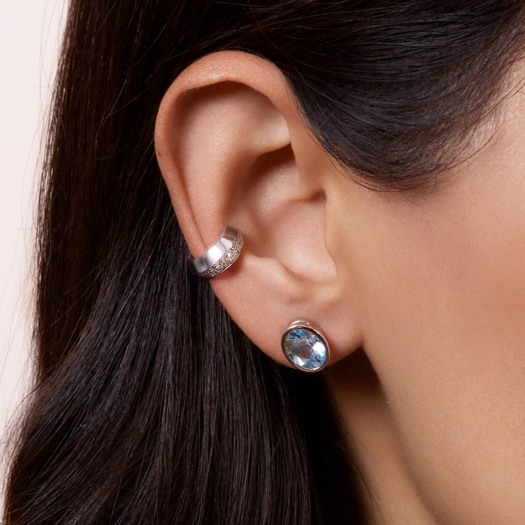 Image of 14K White Gold Full Volume Le Bleu Oval Stud Earrings with Stone and Strand Earrings