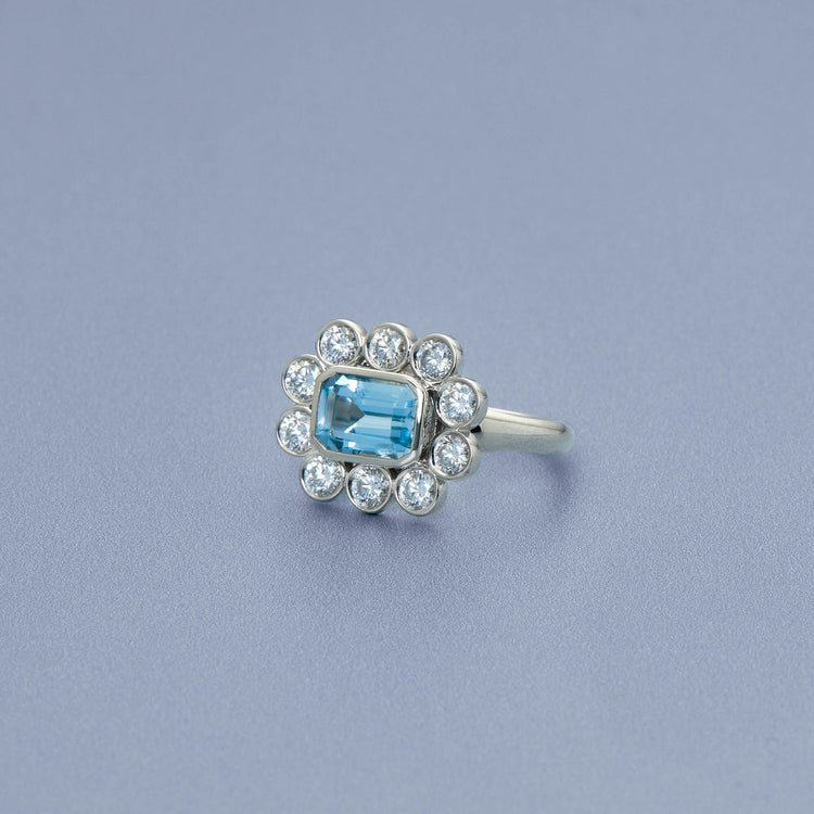 Stone and Strand 14K White Gold Full Volume Le Bleu Vintage Flower Ring Editorial Image