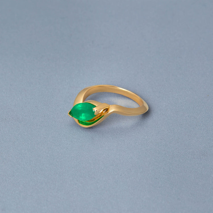 Stone and Strand 14K Yellow Gold Full Volume Marquise Emerald Luxe Ribbon Ring Editorial Image