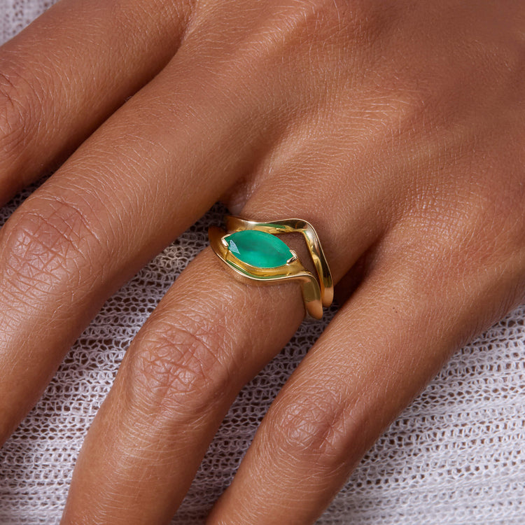 Image of 14K Yellow Gold Full Volume Marquise Emerald Luxe Ribbon Ring on Models Hand