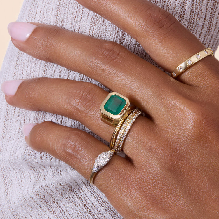 Image of 14K Yellow Gold Full Volume Offset Emerald Luxe Ring with Stone and Strand Rings