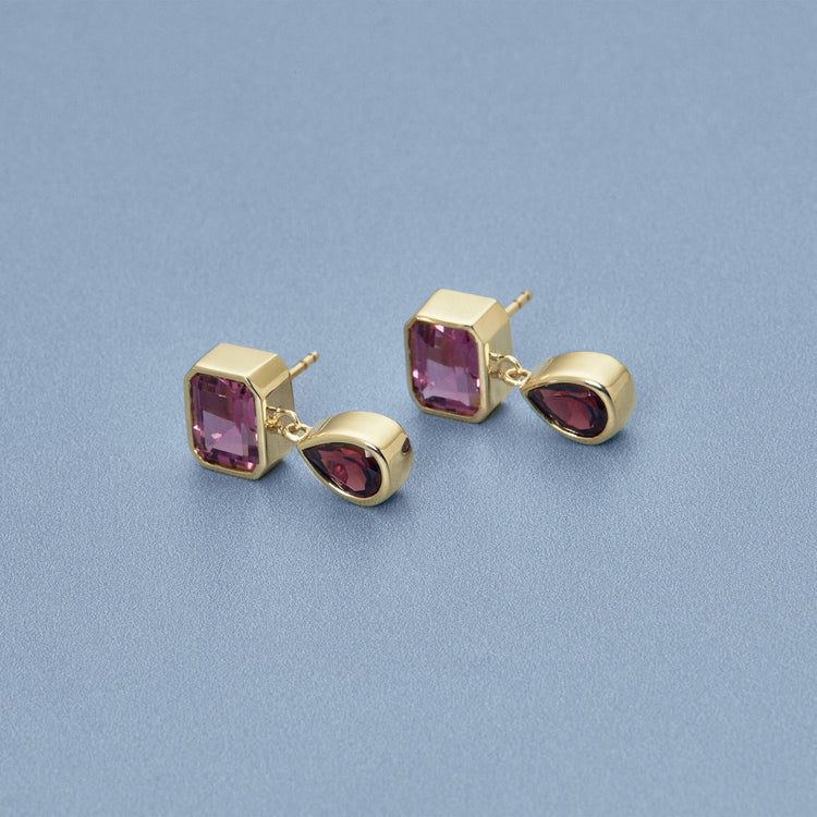 Stone and Strand 14K Yellow Gold Full Volume Pink Power Drop Earrings Editorial Image