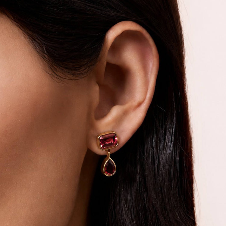 Image of 14K Yellow Gold Full Volume Pink Power Drop Earrings on Models Ear