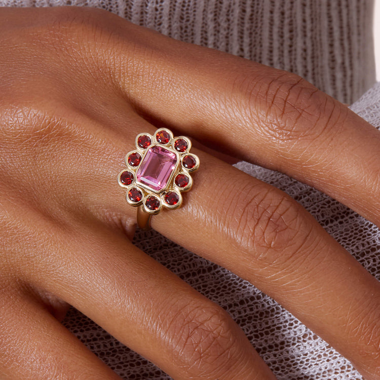 Image of 14K Yellow Gold Full Volume Pink Power Vintage Ring on Models Hand