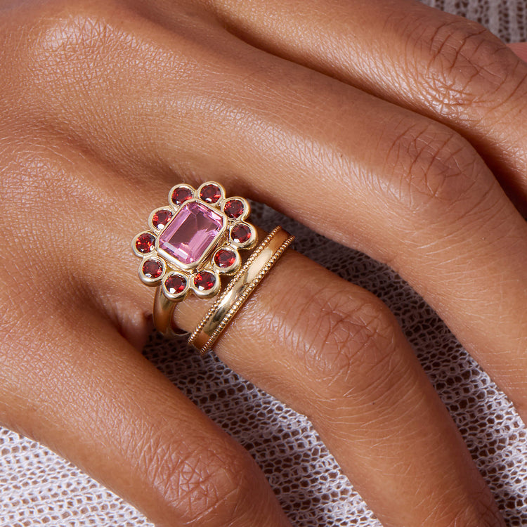 Image of 14K Yellow Gold Full Volume Pink Power Vintage Ring with Stone and Strand Rings