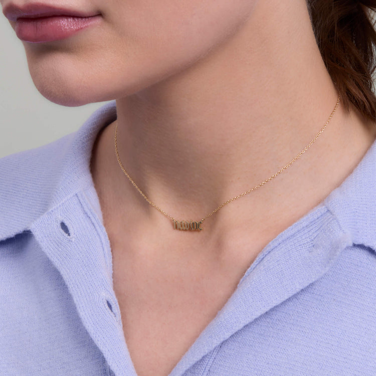Image of 14K Yellow Gold Gold Gothic Nameplate Choker on Models Neck