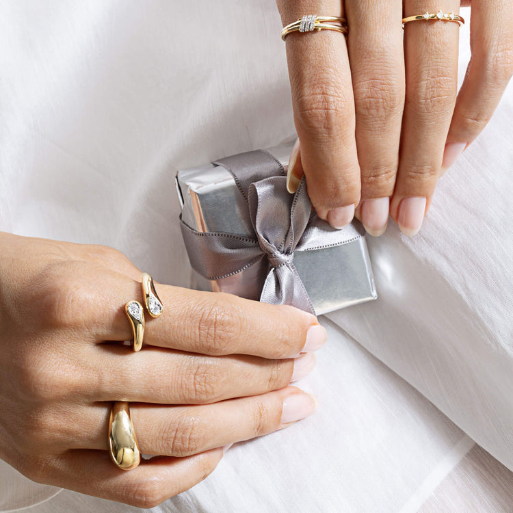 Image of 10K Yellow Gold Perfect Pear Diamond Hug Ring with Stone and Strand Rings and Gift Box