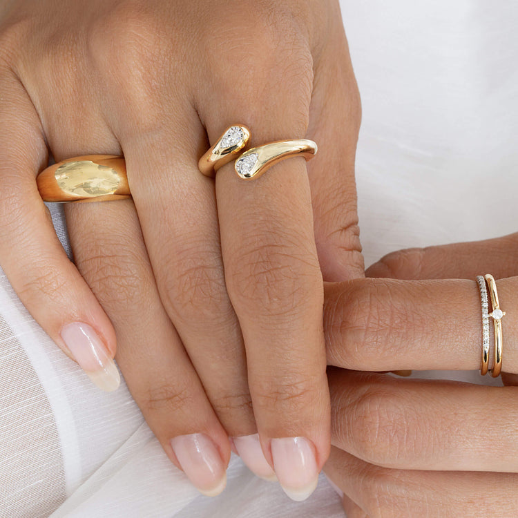 Image of 14K Yellow Gold Bold Form Ring with Stone and Strand Rings