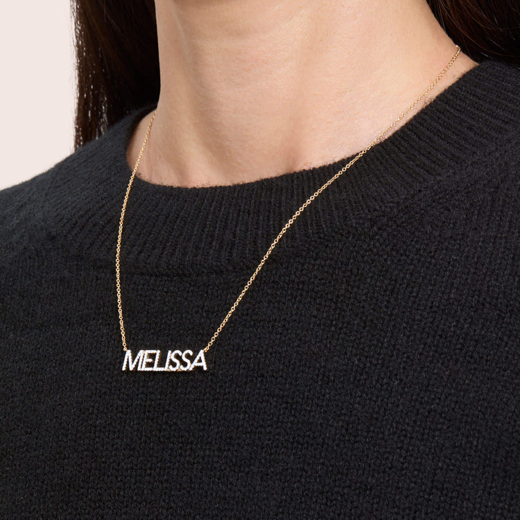 Image of 14K Yellow Gold Good Girl Name Diamond Necklace on Models Neck