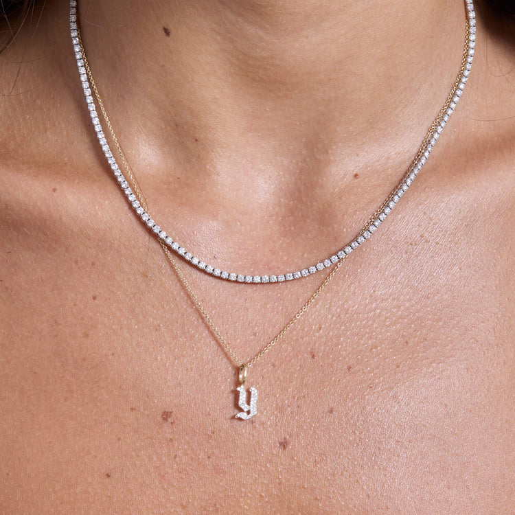 Image of 14K Yellow Gold Gothic Pave Initial Necklace with Stone and Strand Necklaces
