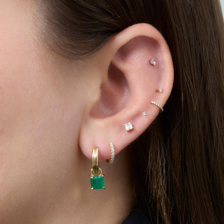 Image of 14K Yellow Gold Green Luxe Emerald Ridged Huggies with Stone and Strand Earrings