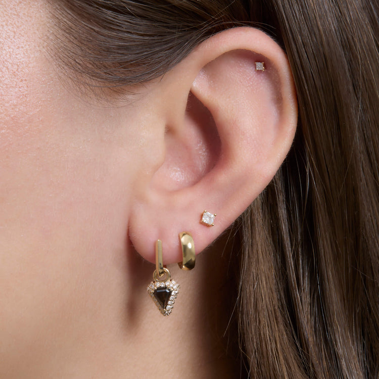 Image of 14K Yellow Gold Green Tourmaline Diamond Power Huggies with Stone and Strand Earrings
