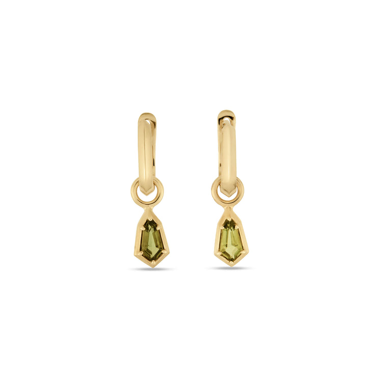 Stone and Strand 14K Yellow Gold Green Tourmaline Knife Edge Shield Drop Huggies Front Image