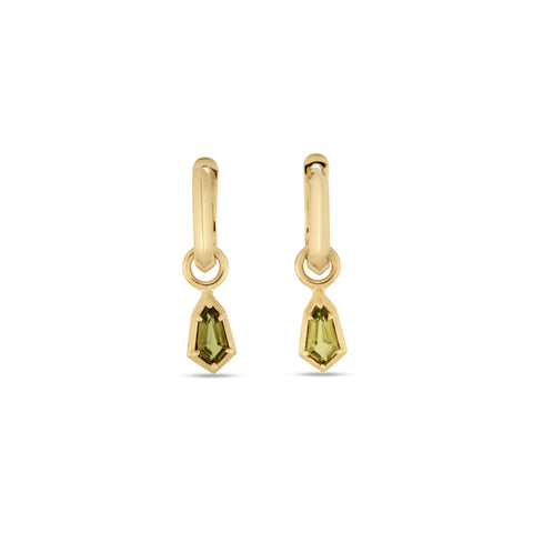 Stone and Strand 14K Yellow Gold Green Tourmaline Knife Edge Shield Drop Huggies Front Image