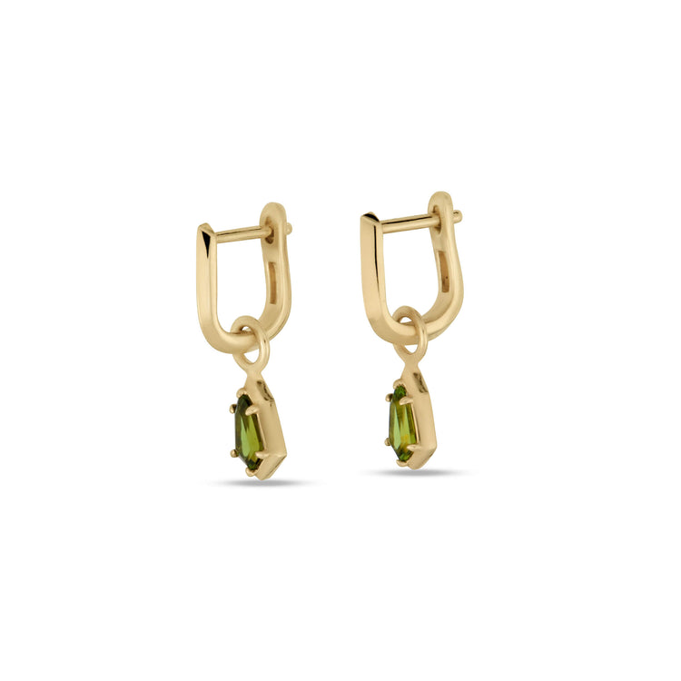 Stone and Strand 14K Yellow Gold Green Tourmaline Knife Edge Shield Drop Huggies Side Image