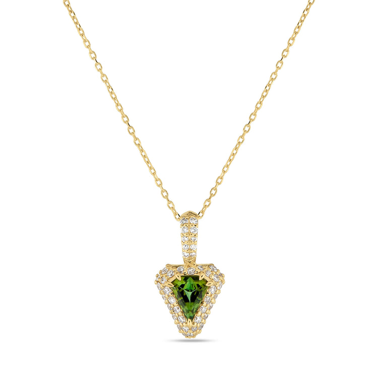 Stone and Strand 14K Yellow Gold Green Tourmaline Pave Shield Power Charm Necklace Front Image