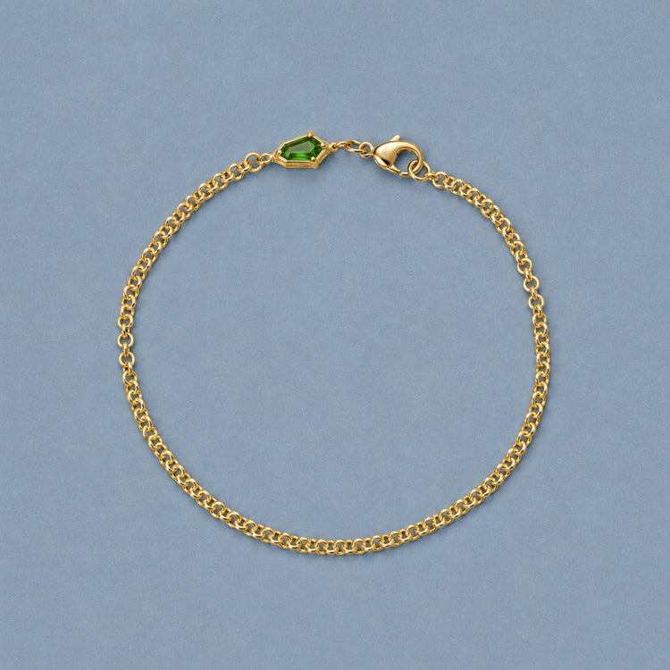 Stone and Strand 14K Yellow Gold Green Tourmaline Shield Bracelet Editorial Image