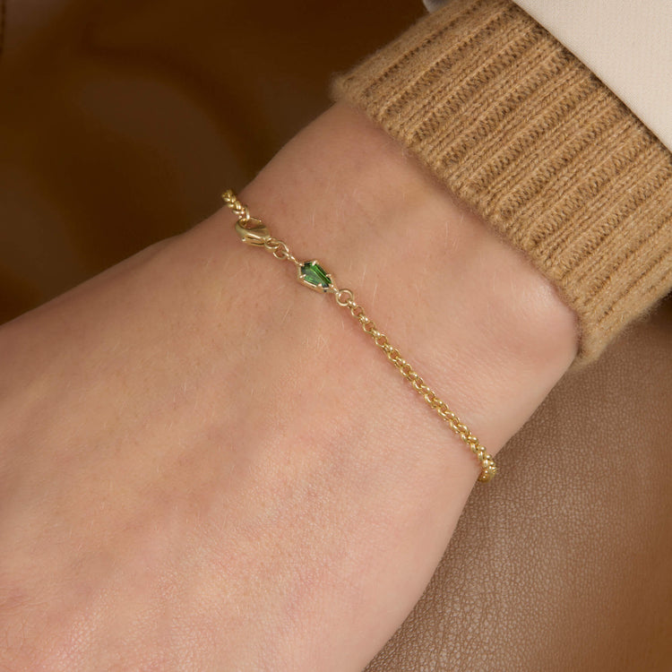 Image of 14K Yellow Gold Green Tourmaline Shield Bracelet on Models Arm